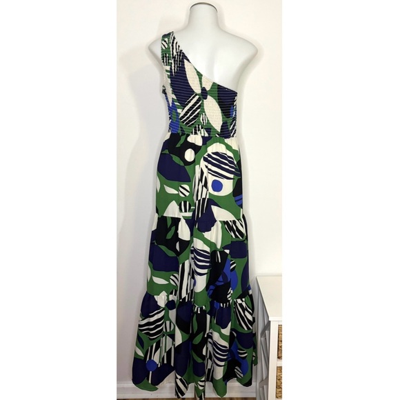 Sugarlips Xandria Geometric Smocked One Shoulder Tiered Maxi Dress Blue Green S - Picture 4 of 10